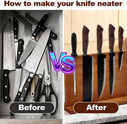 Bamboo magnetic knife holder - Double-Sided magnetic knife block with Strong Magnets, Space-Saving knife magnetic strip for Kitchen Countertop, Multipurpose knife organizer