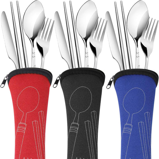 Arroyner 3 Pack Reusable Flatware Sets Knife, Fork, Spoon, Chopsticks, 12Pcs Portable Travel Stainless Steel Tableware Dinnerware with Carrying Case