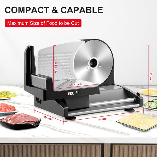 Meat Slicer, 200W Electric Deli Food Slicer with 2 Removable 7.5'' Stainless Steel Blades and Tray, 0-15mm Adjustable Thickness For Home Use, Easy to Clean, Cuts Meat, Bread and Cheese