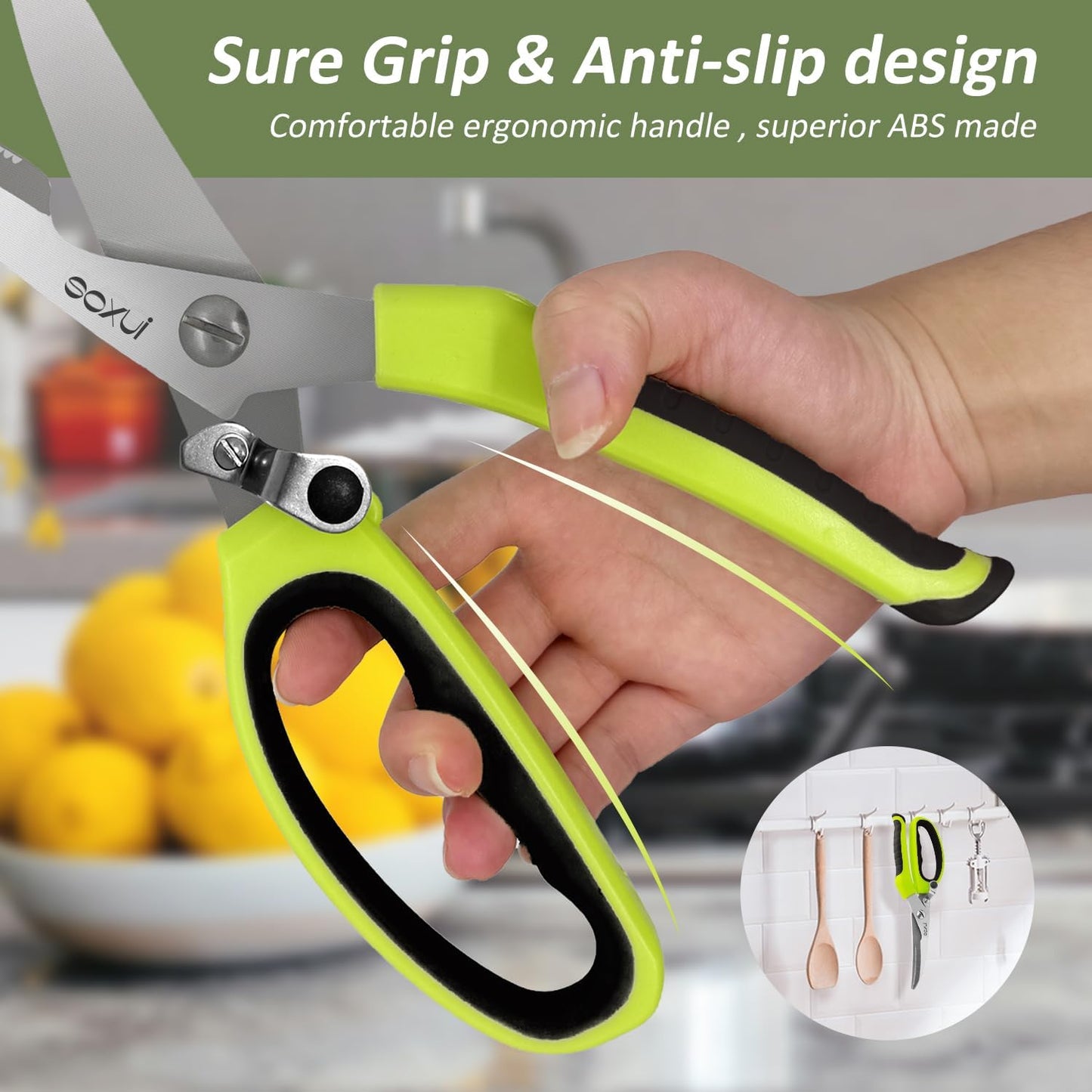 Heavy Duty Kitchen Scissors, Rust Proof Bone Cutting Scissors with Anti-Slip Handle and Safety Lock, Spring Loaded Poultry Shears for Meat, Chicken, Bone,Turkey, Fish, Black