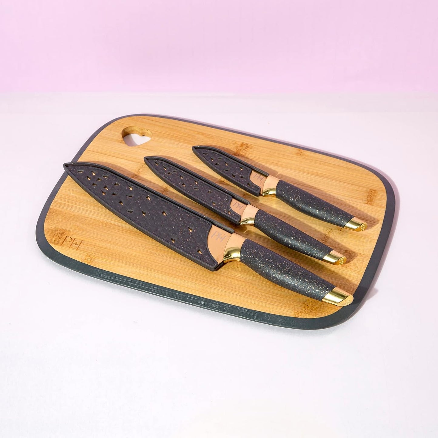 Paris Hilton Bamboo Cutting Board for Kitchen, Reversible Cutting Board and Cutlery Set with High Carbon Stainless Steel Knives and Blade Guards, Comfortable Handle Grips, 7-Piece Set, Gold and Pink