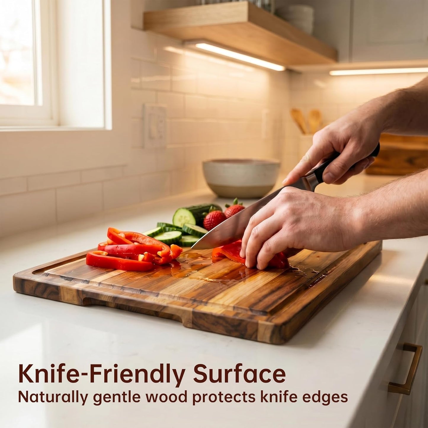 THETCHRY Teak Wood Cutting Boards for Kitchen, Wooden Cutting Board with Handles, Wooden Chopping Board with Juice Groove, Charcuterie Butcher Block for Meal Prep & Serving, 12.9" x 9.8"