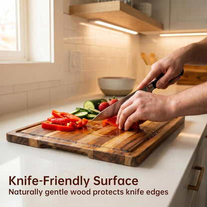 THETCHRY Teak Wood Cutting Boards for Kitchen, Wooden Cutting Board with Handles, Wooden Chopping Board with Juice Groove, Charcuterie Butcher Block for Meal Prep & Serving, 12.9" x 9.8"