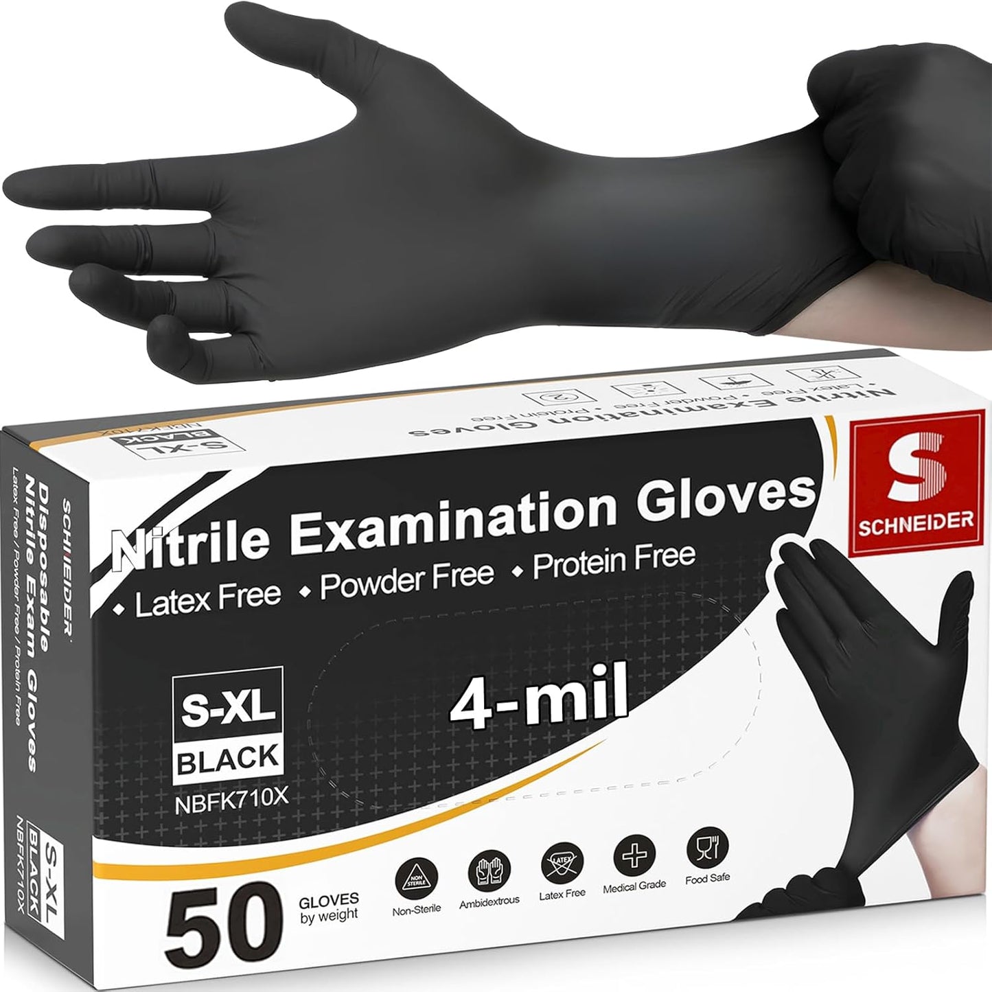Schneider Nitrile Exam Gloves, 4 Mil Black Gloves Disposable Latex Free Powder Free, Food Safe for Cooking, Food Prep, Clean