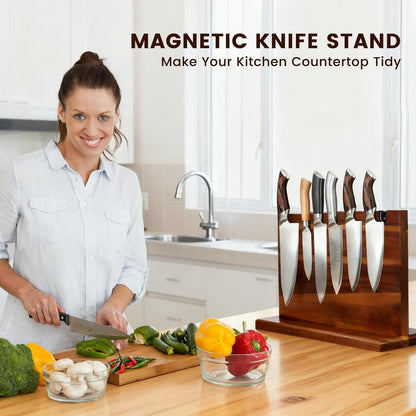 Magnetic Knife Block Natural Acacia Wood Knife Holder Space-Saving Magnetic Strip for Kitchen Knives Self-Sharpening Slot for Maintaining Blade Sharpness Strong Magnet Securely Holds Knives