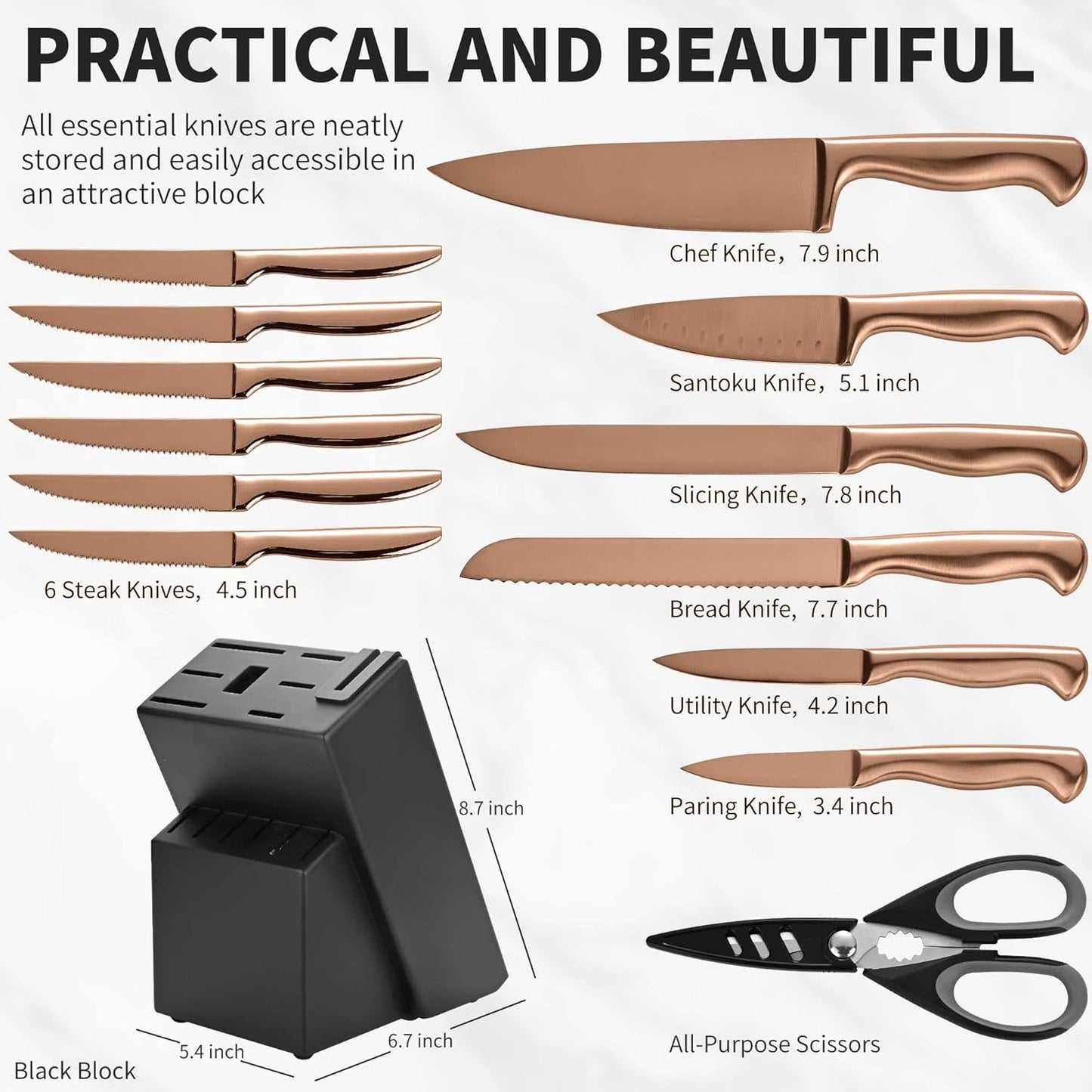 Black Knives Set, 15-Piece Stainless Steel Kitchen Knife Block Sets with Built-In Sharpener, Professional Knife Set with Scissors, Steak Knives