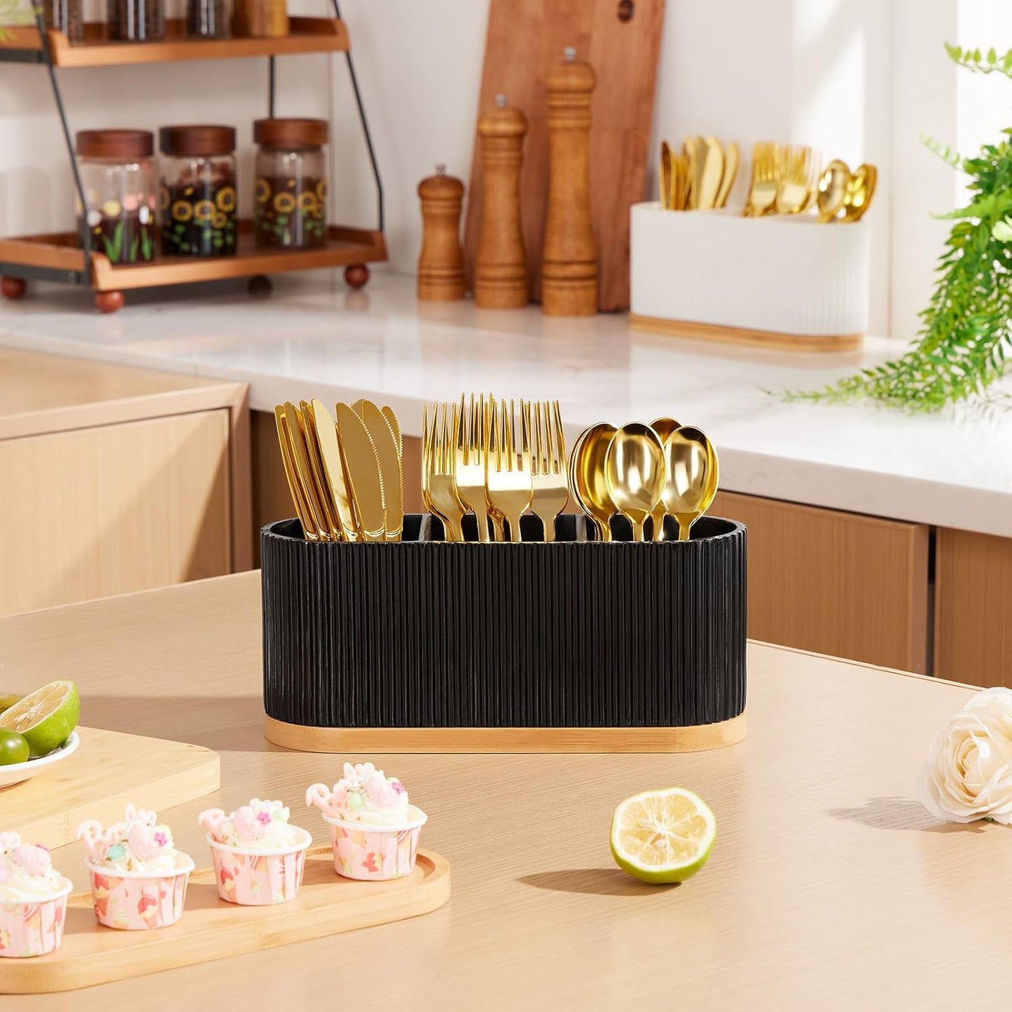 HouseJoy Countertop Silverware Holder, Silverware Caddy Organizer Holder for Forks, Spoons, Knives, Cutlery Caddy with 3 Compartments, Kitchen Utensil Holder for Party, Countertop