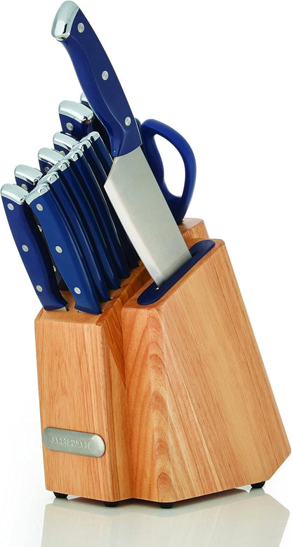 Farberware Edgekeeper Triple Riveted Slim Knife Block Set with Built in Sharpener, 14-Piece, Navy