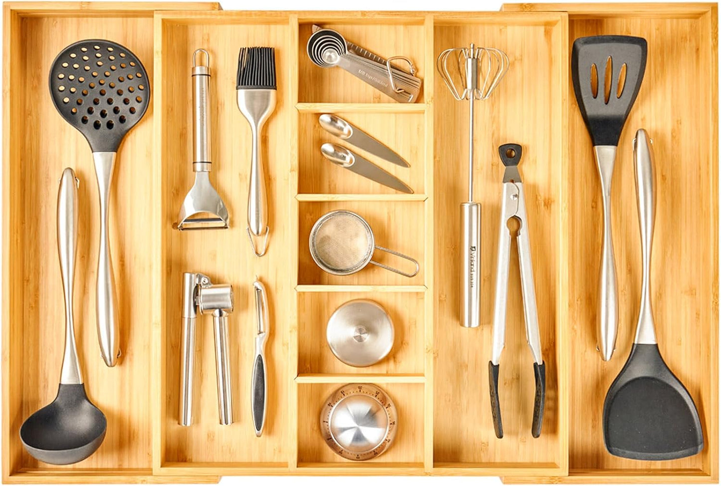 Umilife Large Expandable Kitchen Silverware Utensils Drawer Organizer, 2.5" Extra High Adjustable Drawer Divider with Curved Grooves, Bamboo Wood Cutlery Tray Flatware Holder