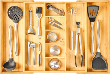 Umilife Large Expandable Kitchen Silverware Utensils Drawer Organizer, 2.5" Extra High Adjustable Drawer Divider with Curved Grooves, Bamboo Wood Cutlery Tray Flatware Holder