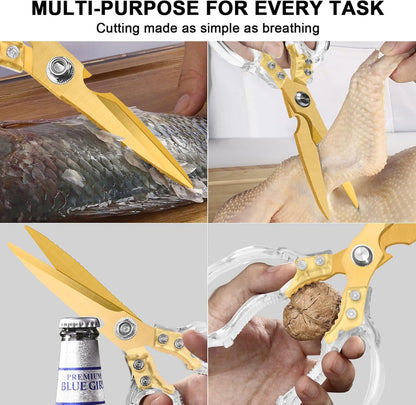 CGBE Kitchen Scissors All Purpose Heavy Duty, Ultra Sharp Stainless Steel Kitchen Shears Dishwasher Safe, Cooking Shears for Chicken, Poultry, Fish, Meat, Herbs & Grapes with Non-Slip Grips - Gold