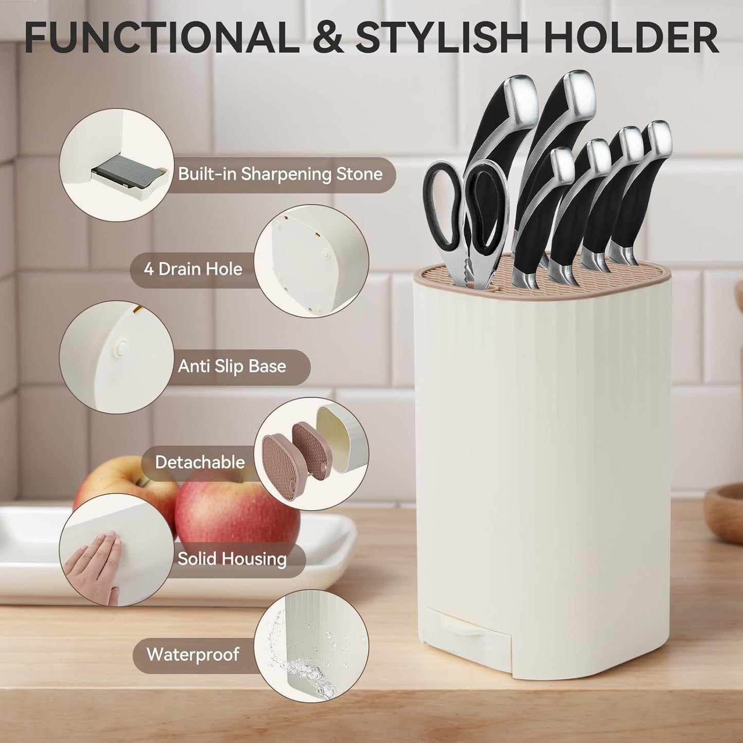 Knife Block Without Knives with Sharpening Stone Large Volume with Scissors Slot Knife Holder Qoosea Easy Cleaning Detachable Knife Storage Space Saver for Kitchen White