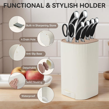 Knife Block Without Knives with Sharpening Stone Large Volume with Scissors Slot Knife Holder Qoosea Easy Cleaning Detachable Knife Storage Space Saver for Kitchen White