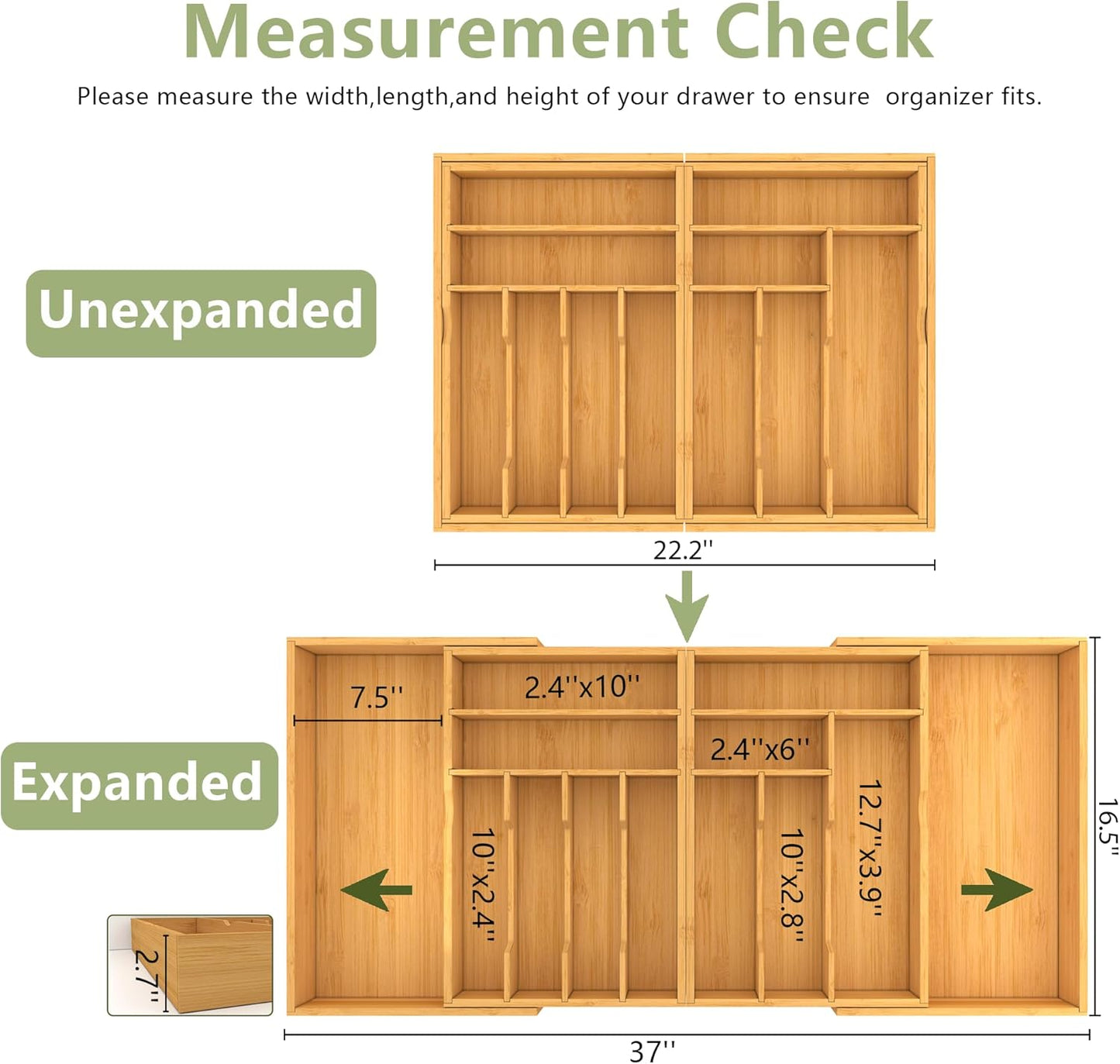 Suli Large Silverware Drawer Organizer，Adjustable Kitchen Flatware for Forks Knives and Spoons， Bamboo Cutlery Utensil Holder,Expandable from 22in-37in，Natural Bamboo