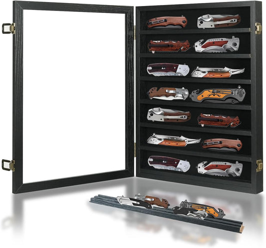 Knife Display Case for Collections, Pocket Knife Display Case with HD Tempered Glass, Lockable Storage Cases with Removable Shelves, Wall-Mounted 7-Layer Wood Cabinet, Walnut