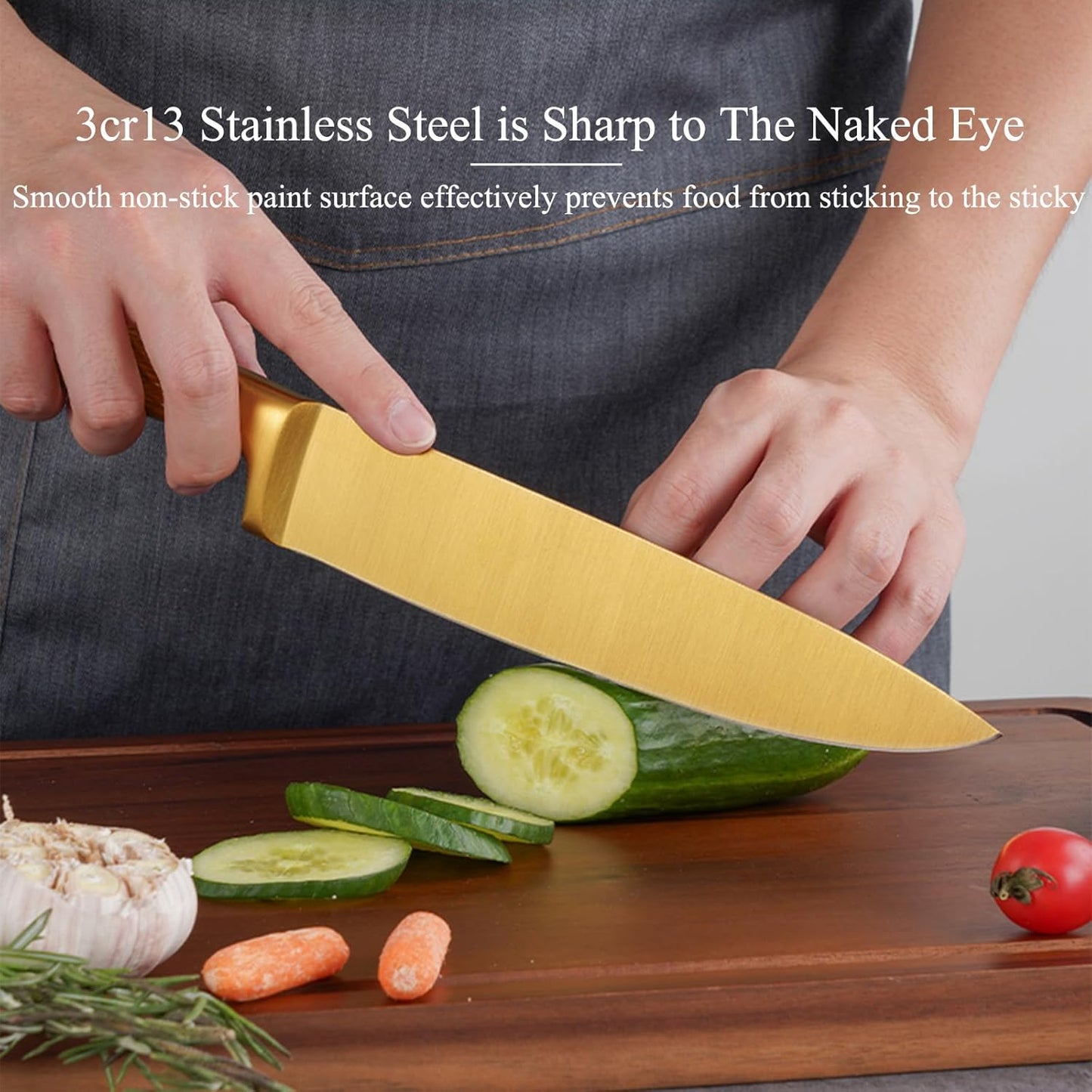 Luxury Gold Kitchen Knife Set，8-Piece Titanium Coated Dishwasher Safe Gold Chef Knife Set,Wooden Block with Built-In Sharpener Housewarming Gift for Home Kitchen