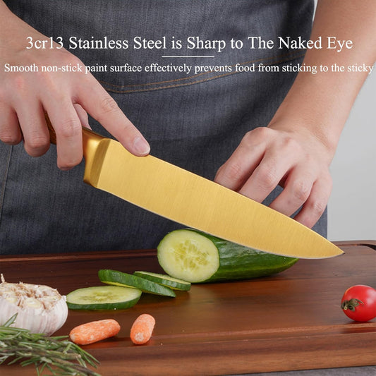 Luxury Gold Kitchen Knife Set，8-Piece Titanium Coated Dishwasher Safe Gold Chef Knife Set,Wooden Block with Built-In Sharpener Housewarming Gift for Home Kitchen