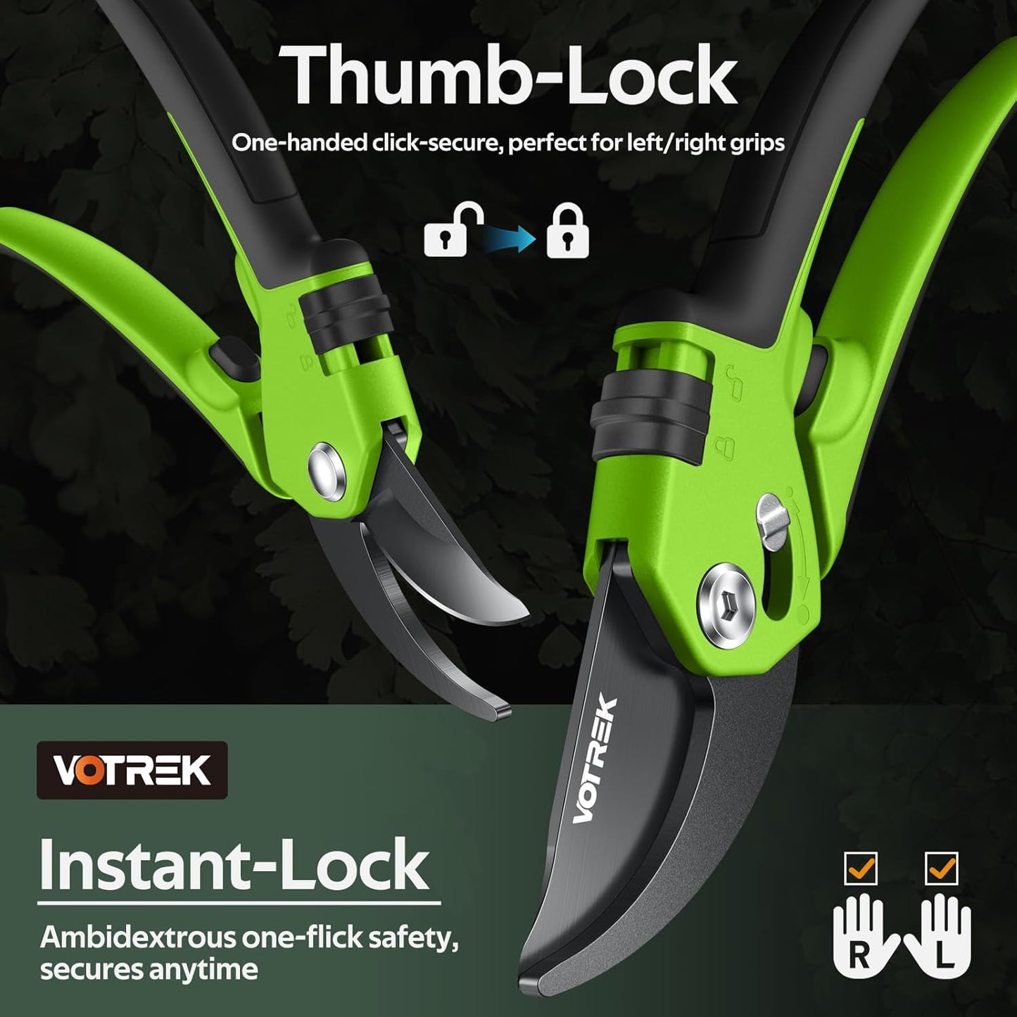 VOTREK® Pruning Shears, [Patented Stepless Handle Opening] - Garden Clippers with Ultra-Sharp SK5 Steel for Weak Hand, Bonsai Scissor Universal Fit for All Hand Sizes, Effortlessly Cut 1-Inch Branches