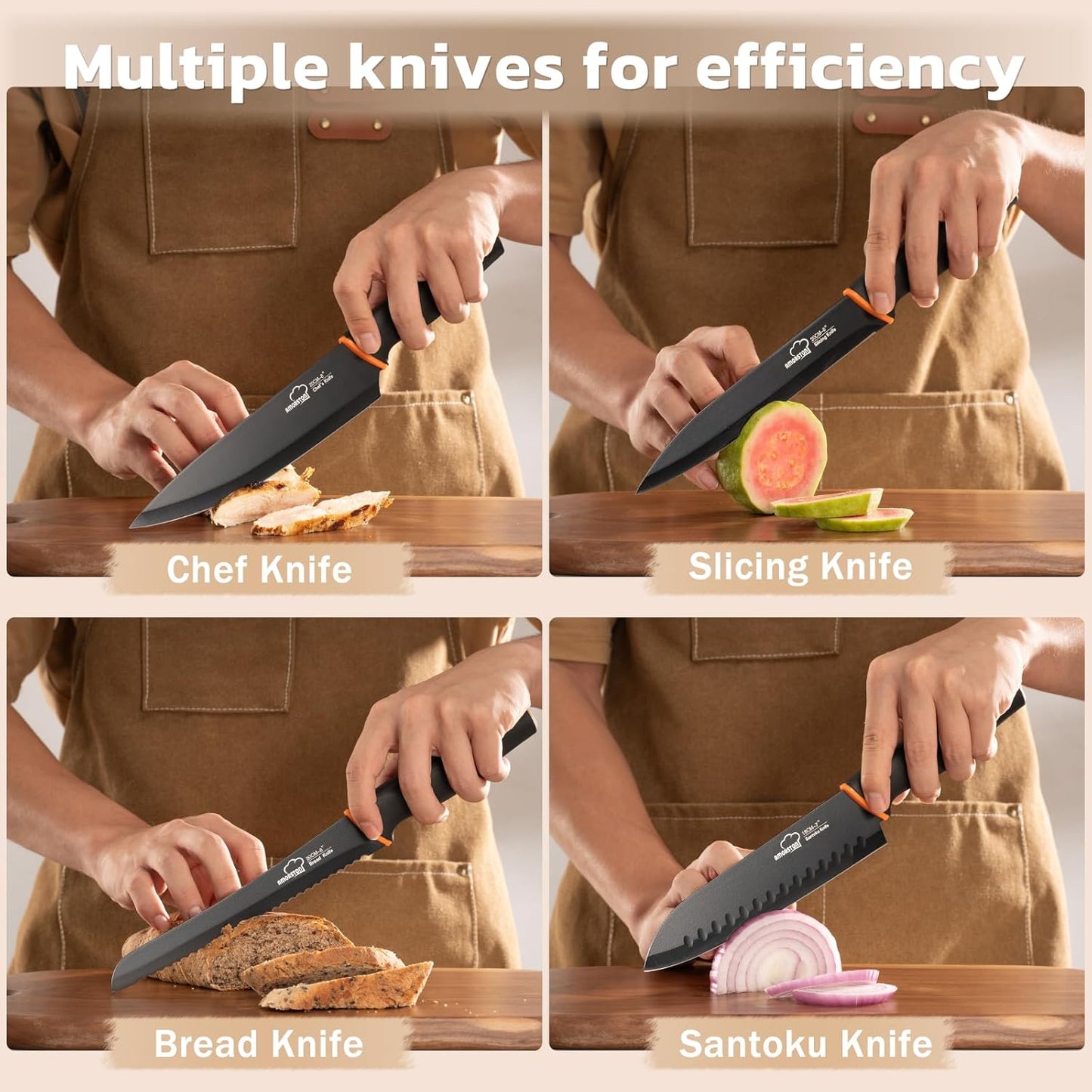 Amorston Knife Set, 22-Piece Kitchen Knife Set with Acrylic Block, Dishwasher Safe with Sharpener, High Carbon Stainless Steel, Anti-slip Ergonomic Handle, Black,Valentine's Gift