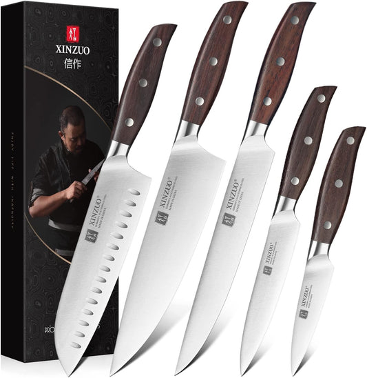 XINZUO German Stainless Steel Knife Set, 5Pcs Professional Chef Knife Sets for Chefs, Ultra Sharp,Chef Santoku Slicing Petty Paring Knife with Red Sandalwood Handle