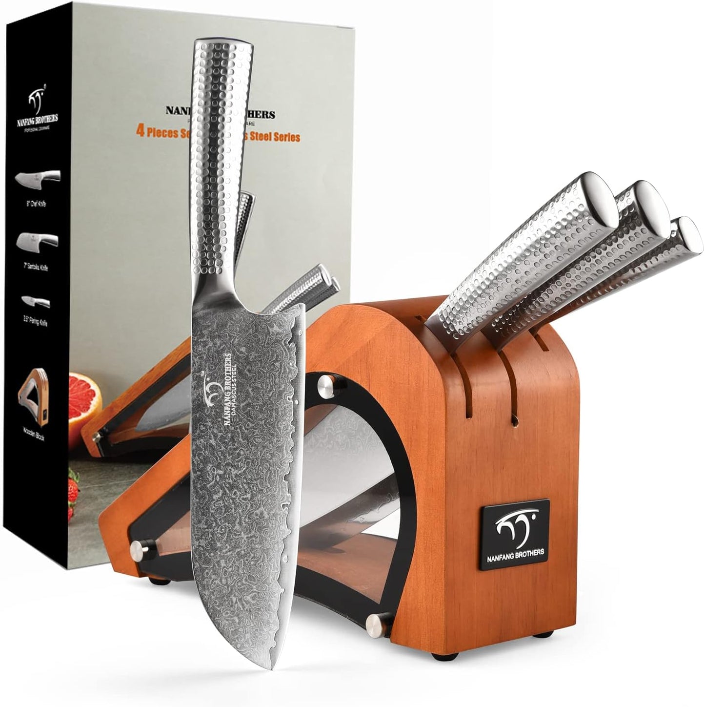 Damascus Knife Set with Block for Kitchen, 7-Piece VG10 Damascus Steel Kitchen Knife Set with Triple-Rivet Handles, Chef, Bread & Santoku Knives, Shears, Natural Wooden Block