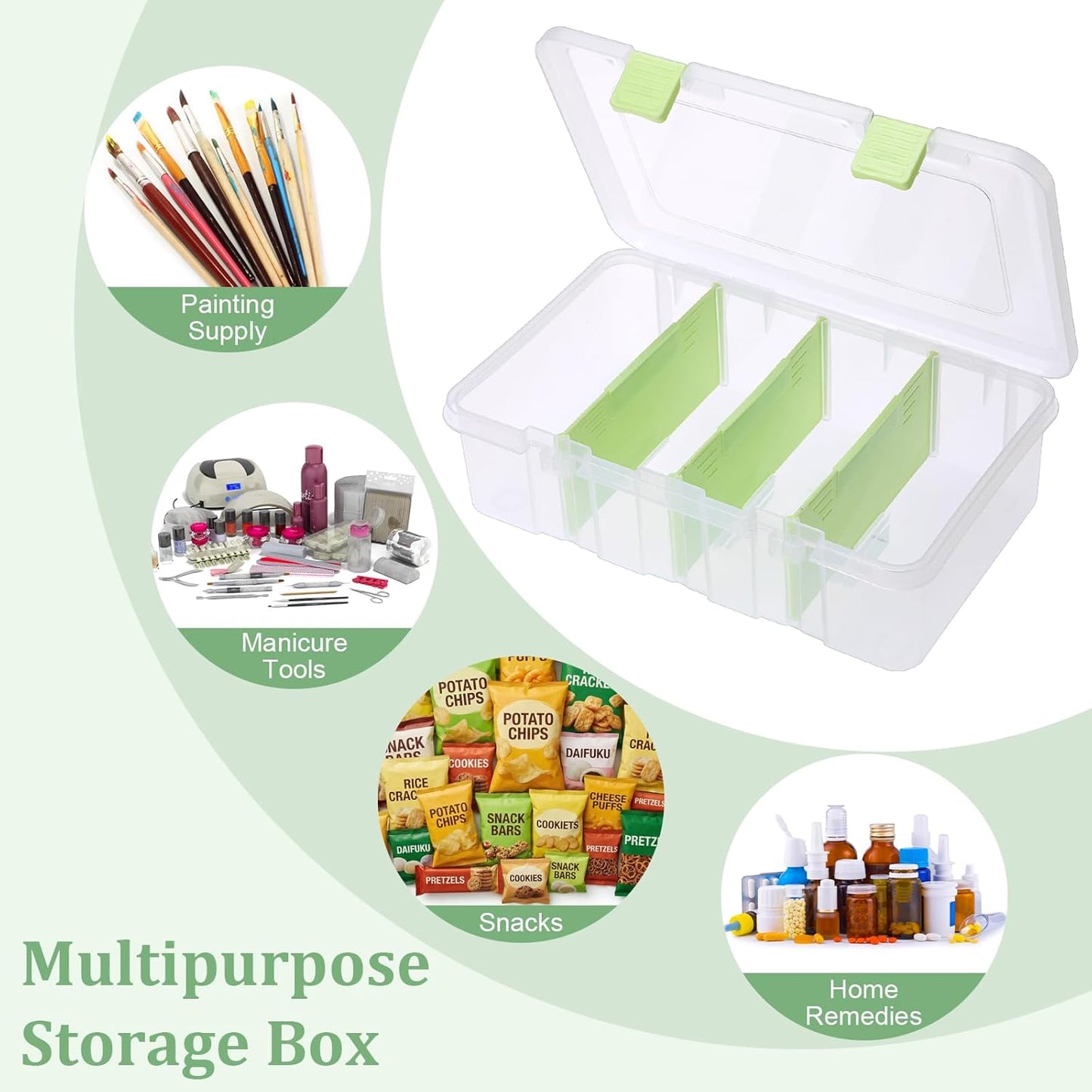 BTSKY Clear Plastic Dividing Storage Box with 4 Compartments Adjustable Storage Bin with Lid Plastic Craft Storage Container Multipurpose Sewing Box Art Supply Organizer, 13.3x8.1x3.4 Inches