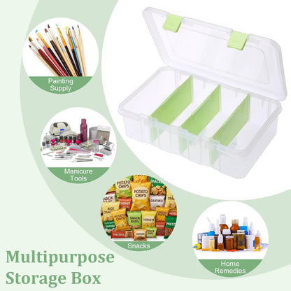 BTSKY Clear Plastic Dividing Storage Box with 4 Compartments Adjustable Storage Bin with Lid Plastic Craft Storage Container Multipurpose Sewing Box Art Supply Organizer, 13.3x8.1x3.4 Inches