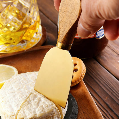4 Gold Cheese Knife Set for Charcuterie Board, Wood Handle Stainless Steel Cheese Slicer & Cutter Utensils Gift for Christmas, Halloween, Thanksgiving & All Holidays (4 Gold Cheese Knife Set)