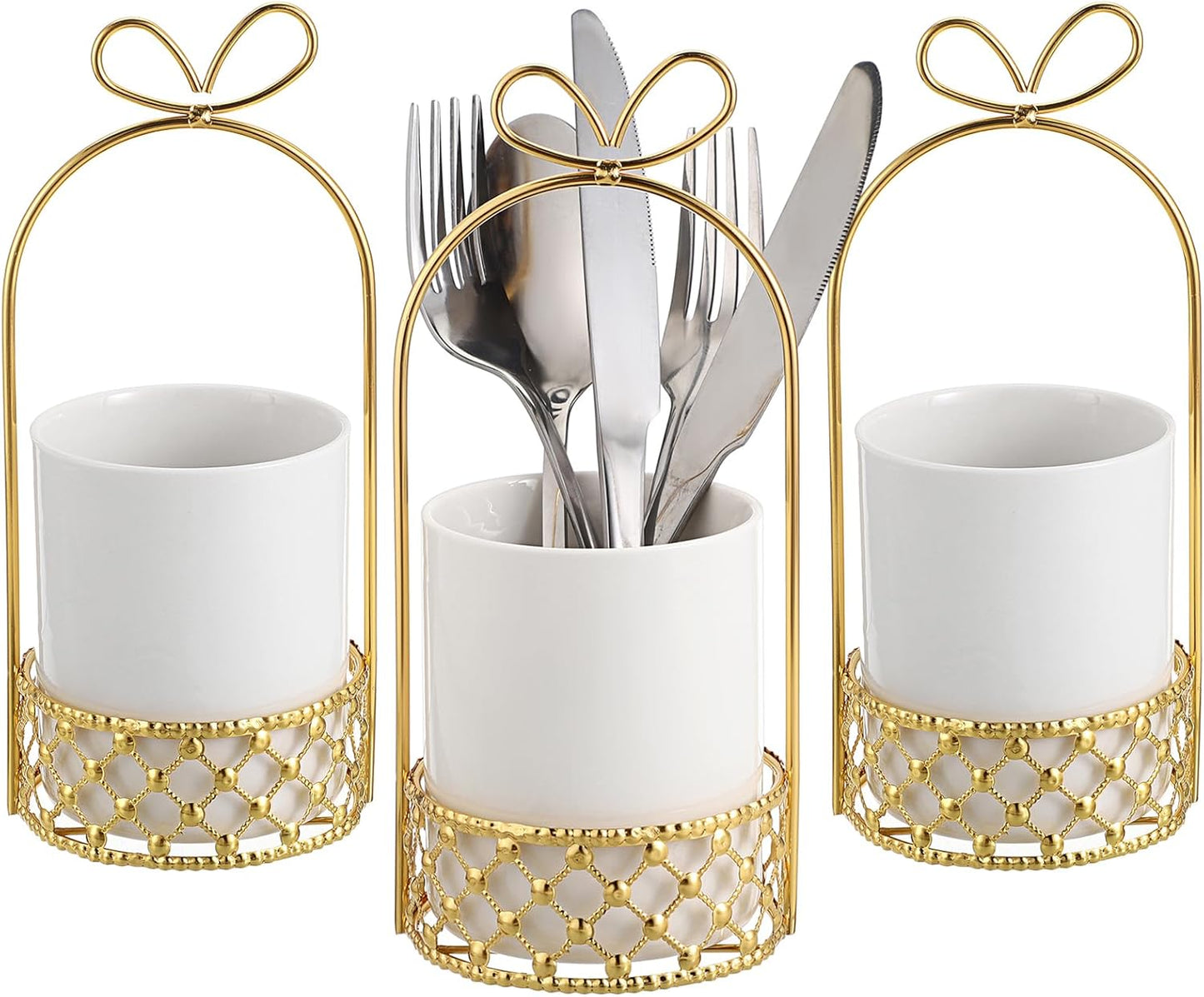 JUXYES Ceramic Silverware Holder For Tabletop, White Cutlery Holder With Golden Metal Bracket, Decorative Flatware Holder Countertop Utensil Holder Organizer for Wedding Kitchen Dining Tables