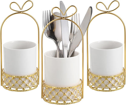 JUXYES Ceramic Silverware Holder For Tabletop, White Cutlery Holder With Golden Metal Bracket, Decorative Flatware Holder Countertop Utensil Holder Organizer for Wedding Kitchen Dining Tables