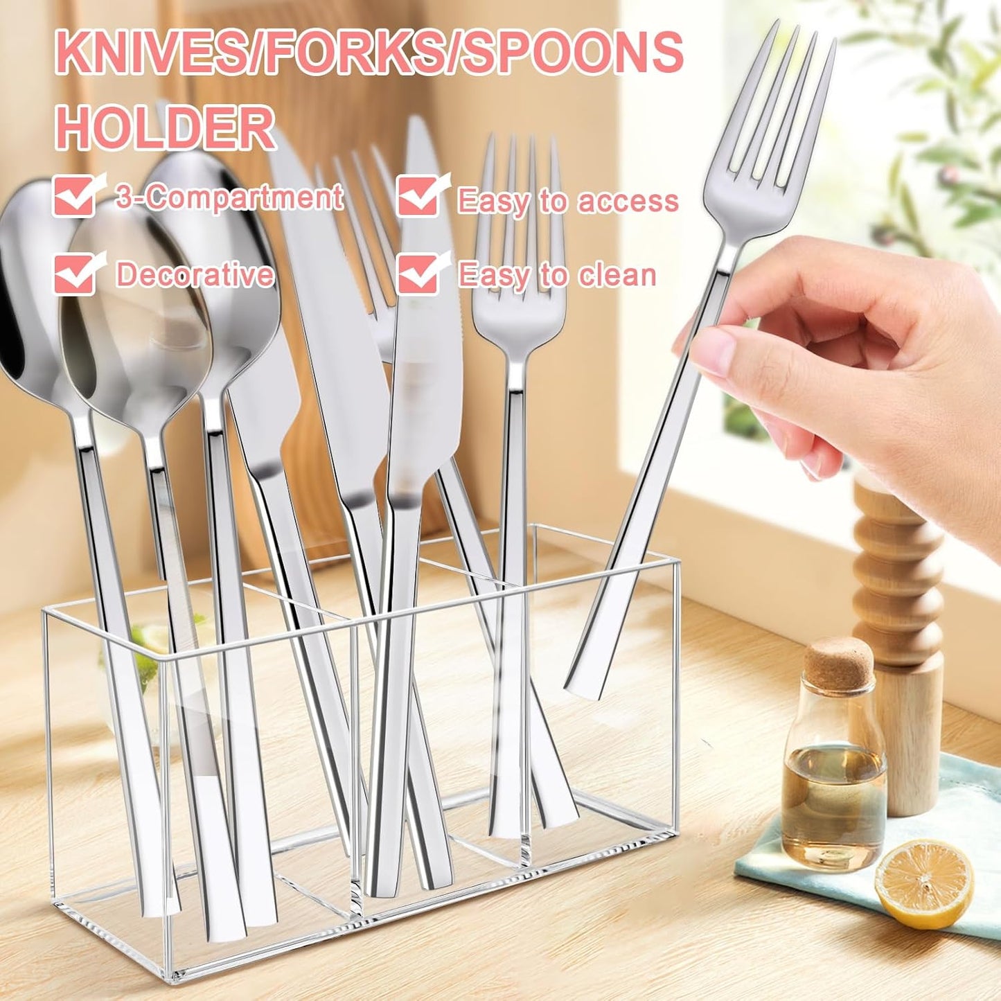 Vowcarol Acrylic Silverware Caddy Cutlery Storage Organizer Bin Clear 3 Compartments Tableware Storage Box for Kitchen Countertop, Knife Spoon and Fork Holder