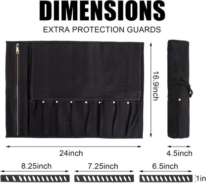 Chef Knife Roll Bag, Waxed Canvas knife bags for chefs professional, Portable 8 Slots Chef Knife Case With 1 Zipper Pockets & 8 Plastic Knife Guards Can Camping and Hold Home Kitchen Knife Tools