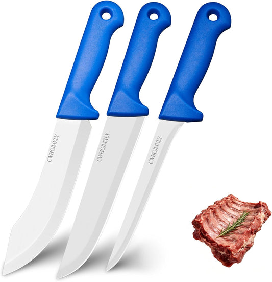 3-Piece Butcher Knife Set - 8" Chef Knife & 7.5" Butcher Knife, 7" Boning Knife | Non-Slip Blue Handle, High Chromium Stainless Steel | Ideal For Meat Processing, Durable, Gift For Men
