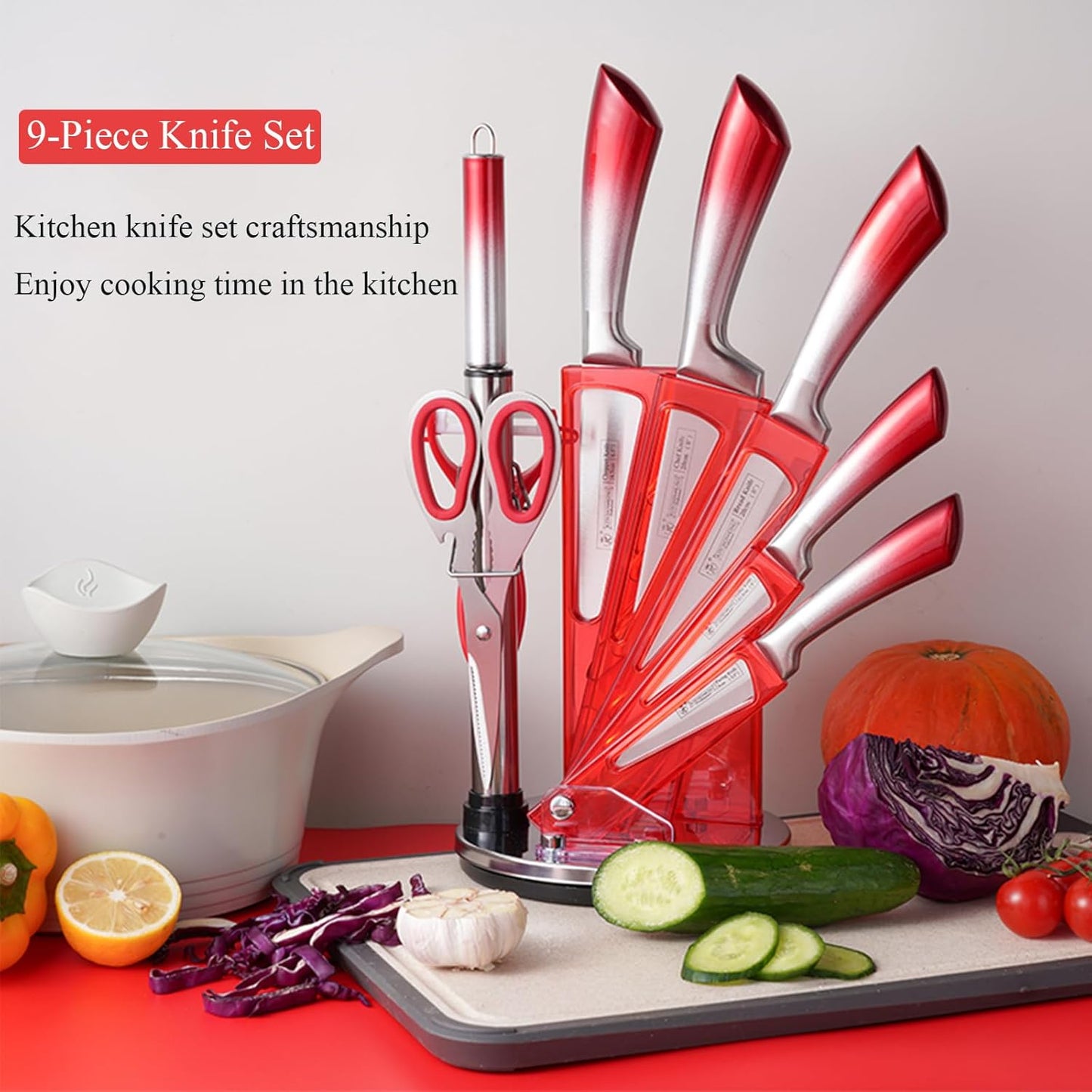 Knife Set, 9-Piece Red Kitchen Knife Set with Sharpener,Scissors, Dishwasher Safe Non Stick Sharp Stainless Steel Chef Knife Block Set with Acrylic bracket for Kitchen Gift