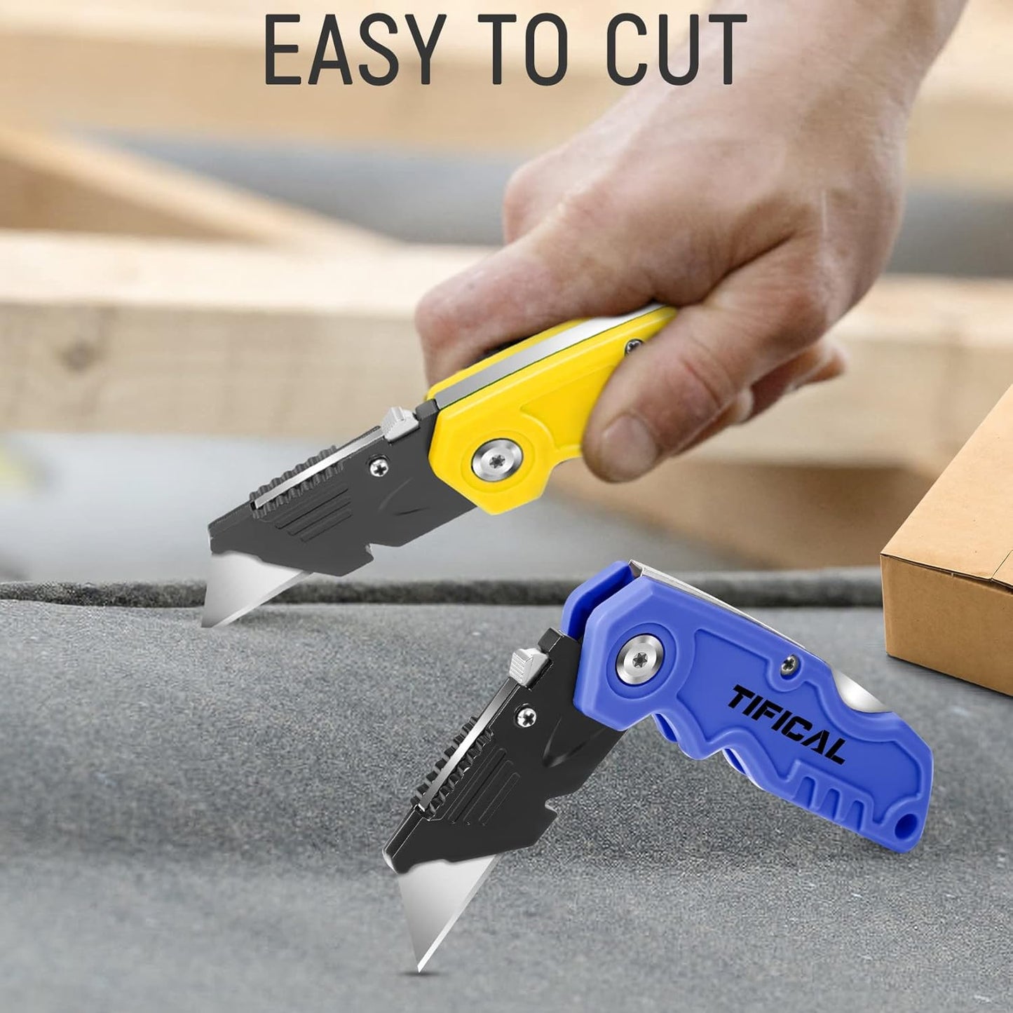 4 Pack Box Cutter Folding Utility Knife, Extra 10 Blades Included, Quick Change Blades, Lock-Back Design, Box Cutters for Carton, Cardboard, Boxes, Razor Knife Box Opener