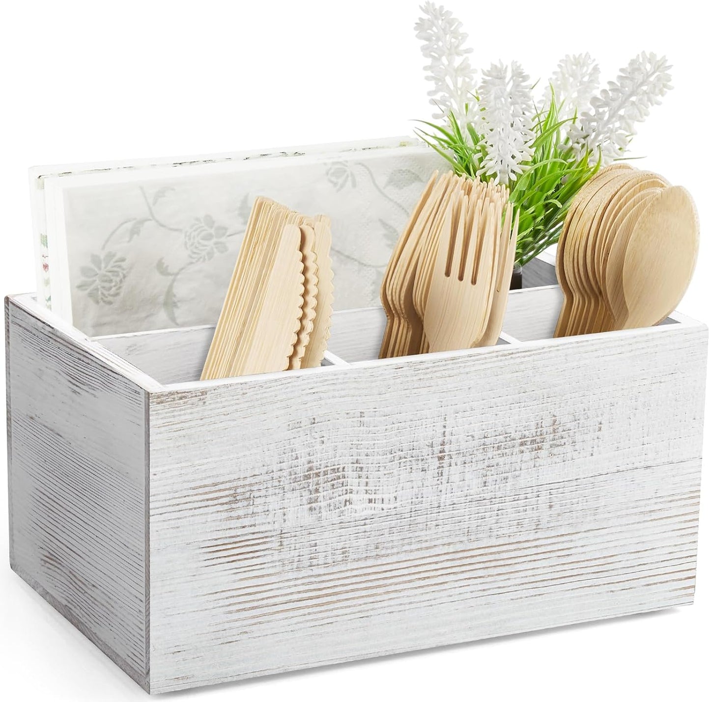 DRASTAR Utensil Holder, Wooden Silverware Caddy, Picnic Cutlery Organizer, Countertop Silverware Holder for Party, Pink