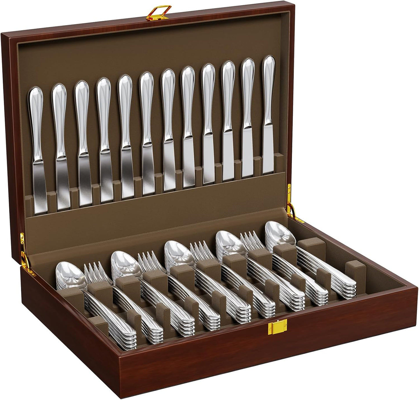 Solid Walnut Silverware Storage Box, 2-Layer Silverware Chest with Drawer, Flatware Case with Lid and Felt Lined, Wood Flatware Storage Box Holds 12-16 Sets of Utensils, Wedding Housewarming Gifts