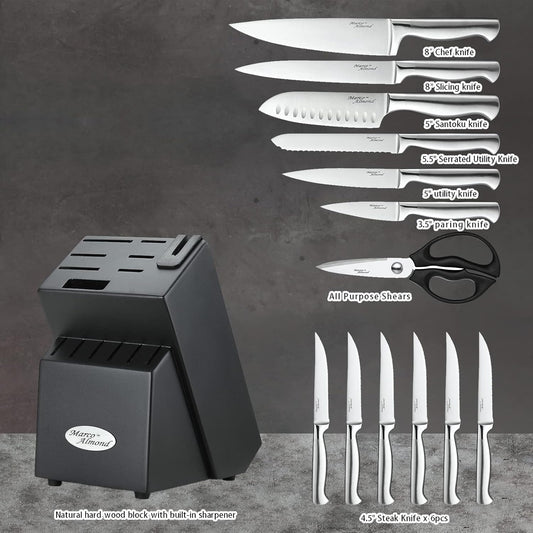 Marco Almond® Knife Block Set, KYA26 Knife Set with Block, 14 Pieces Stainless Steel Chef Kitchen Knives with Built-in Sharpener