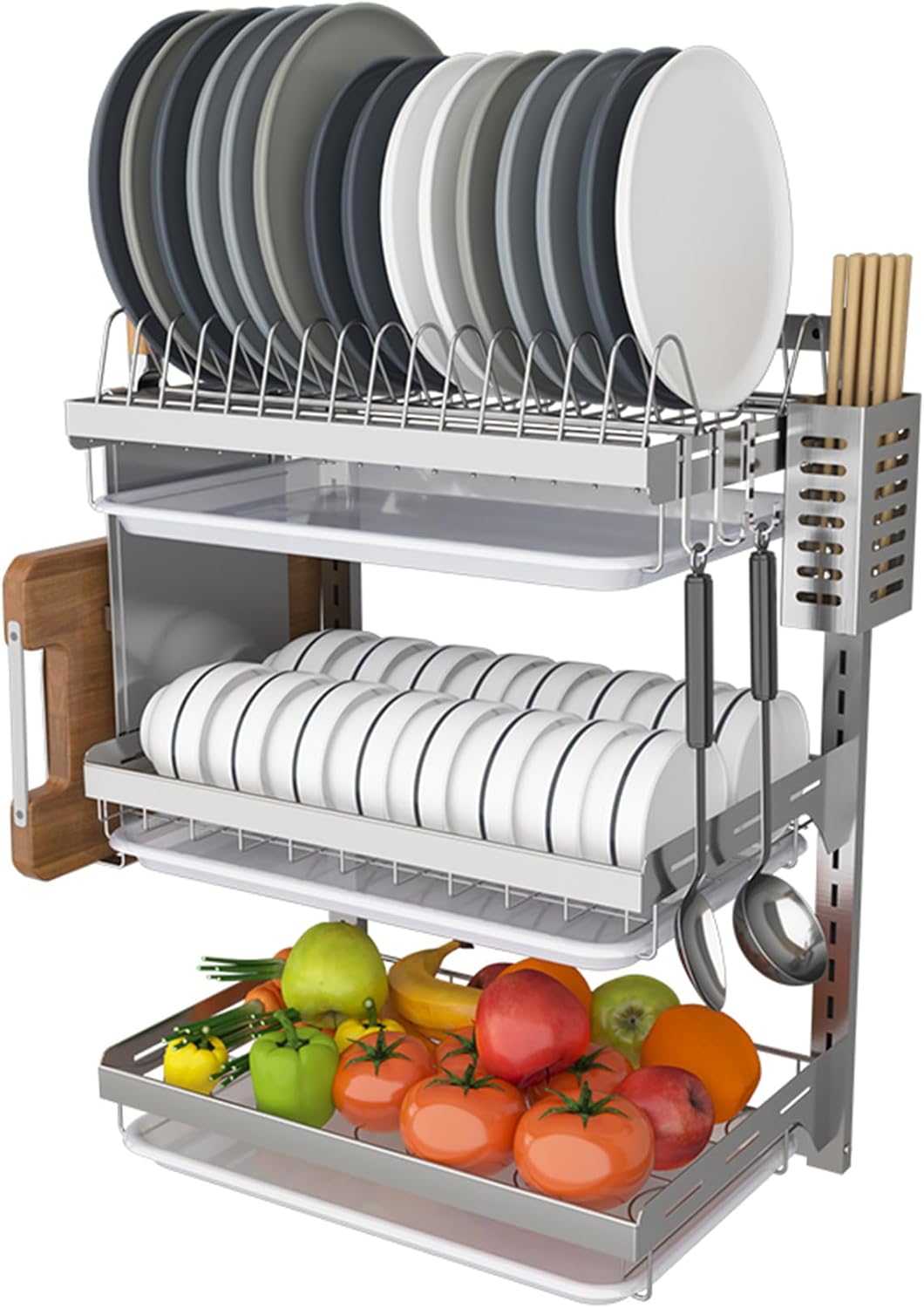 Stainless Steel Wall Mounted Dish Drying Rack, 2/3-Tier Kitchen Counter Organizer with Hooks, Chopsticks Cage and Knife Holder - Space Saving Dish Drainer and Utensils Shelf,A-1
