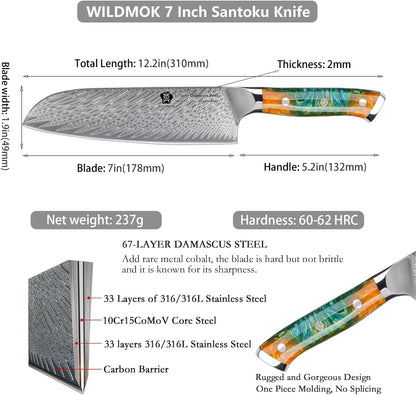 WILDMOK Santoku Knife 7 Inch kitchen knife, Ultra Sharp with Japanese Damascus Forged Santoku Knife, Ergonomic Resin Handle, cooking gifts with gift box