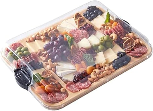Farberware Build-A-Board Bamboo Cutting Board with Built-In Compartments & Clear Locking Lid, Black Handles – Charcuterie, Snack Tray, Food Prep and Serving Platter