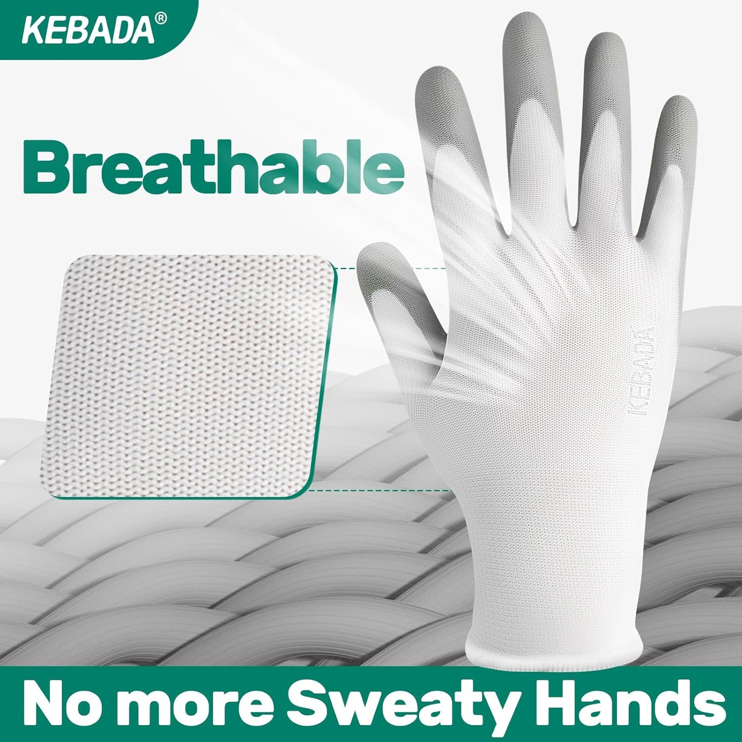 Kebada W1 Work Gloves for Men and Women, PU Coated Safety Gloves with Grip, Touchscreen, Ideal for Warehouse Package Handling, Construction, Gardening, 12 Pairs Gray Large