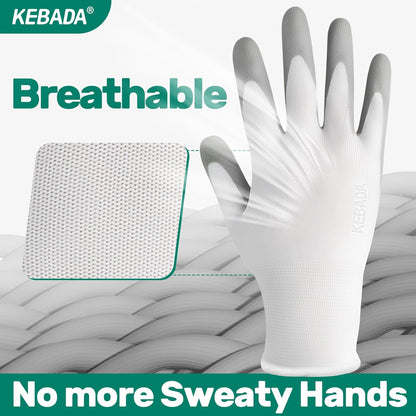 Kebada W1 Work Gloves for Men and Women, PU Coated Safety Gloves with Grip, Touchscreen, Ideal for Warehouse Package Handling, Construction, Gardening, 12 Pairs Gray Large