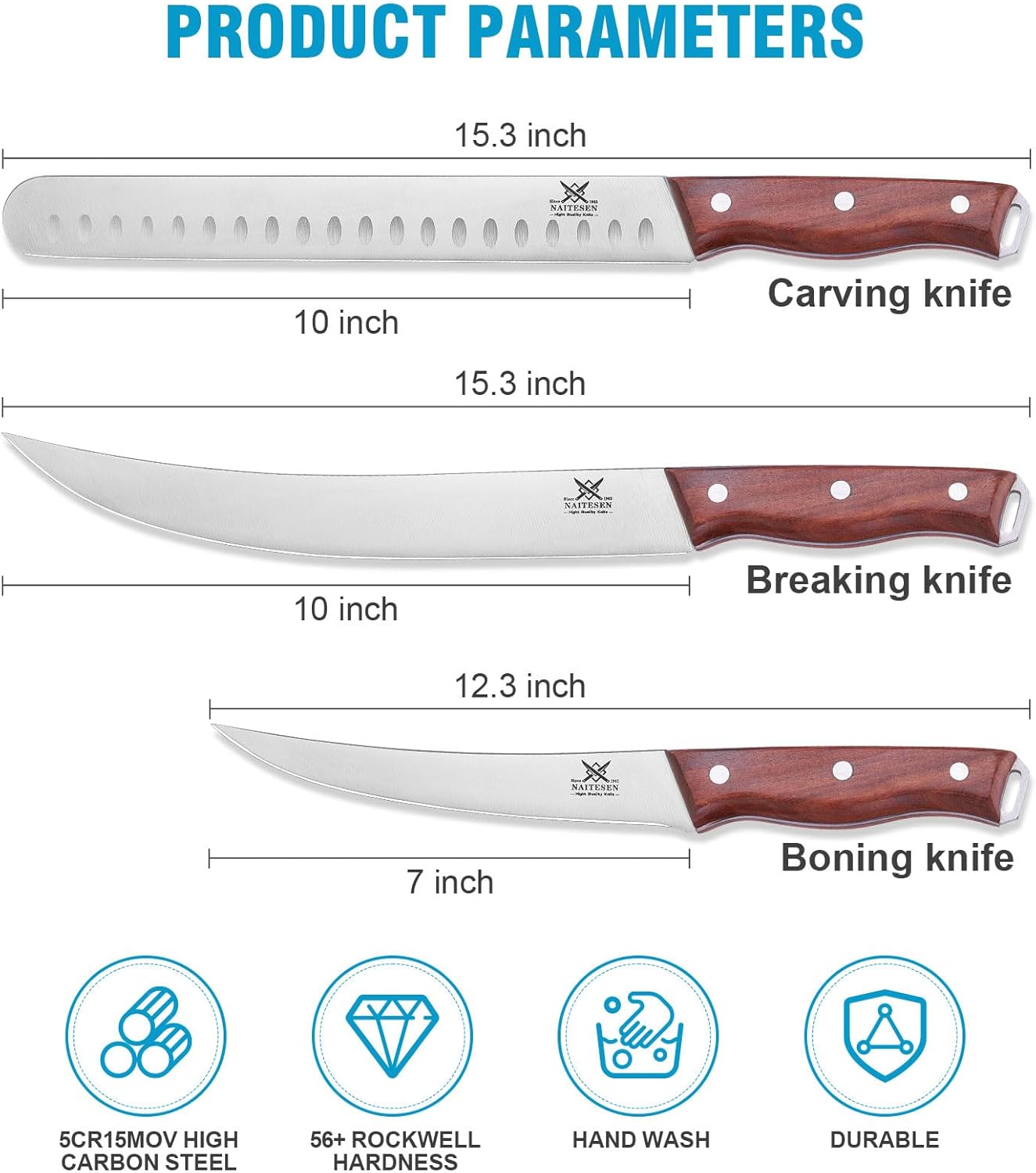 Naitesen 3PCS Professional Brisket Carving Knife Set, Butcher Knife, Very Sharp Meat Knives for BBQ Slicing Cutting Full Tang Rosewood Handle High Carbon Steel, Gifts for Men Women