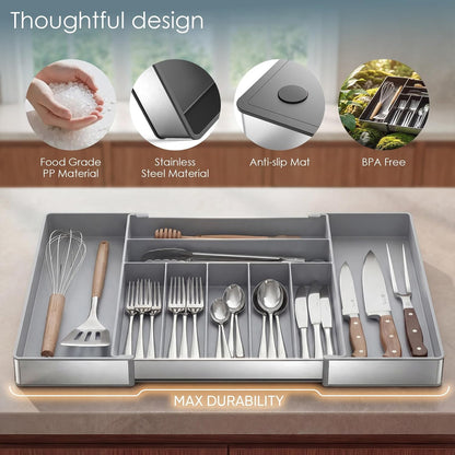 Extra Large Silverware Organizer, 9 Slot Expandable Kitchen Drawer Organizer, Utensil Holder, Heavy Duty Stainless Steel Frame Silverware Drawer Organizer, 8 Non-Slip Feet Included, BPA Free, Black