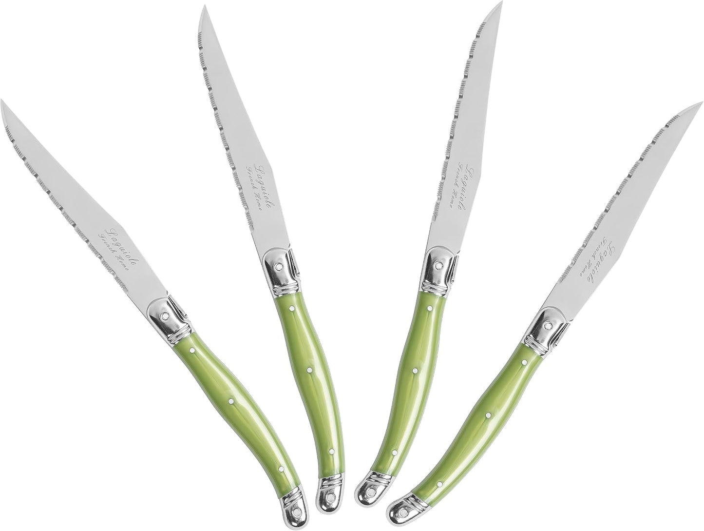 French Home Laguiole 4-Piece Steak Knife Set – Sophisticated Stainless Steel Dinner Knives with Navy Blue Handles & Iconic Bee Emblem – Serrated Knives for Smooth Cutting (9.25")