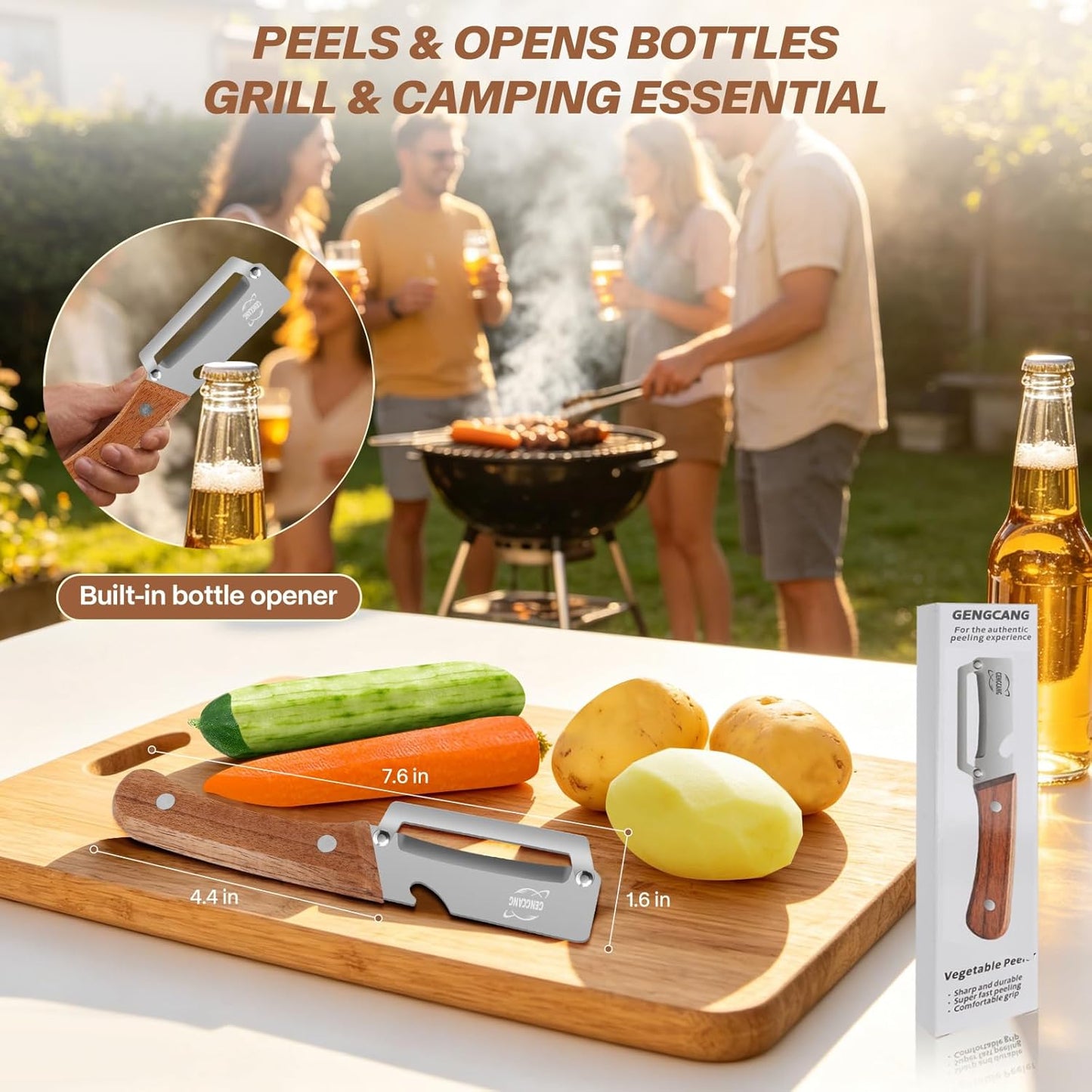 Multi-Functional Vegetable Peeler, Non-Slip Wooden Handle with Sharp Stainless Steel Blade, Built-in Bottle Opener - Perfect Kitchen Peeler For Veggie, Fruit, Potato, Carrot, Apple