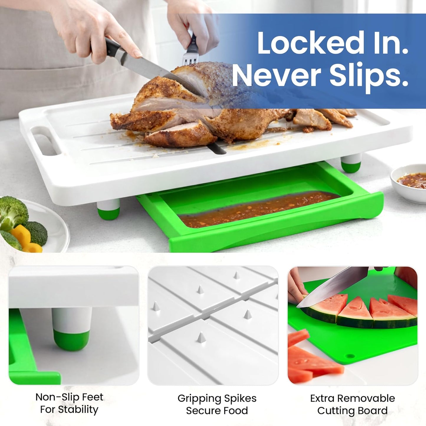 Large Cutting Board - Karving King Plus Meal Prep System with Juice Groove, Spikes, Drip Tray & Removable BPA Free Cutting Board - Patented Multi-Feature Design Carving Board - BBQ & Kitchen Essential