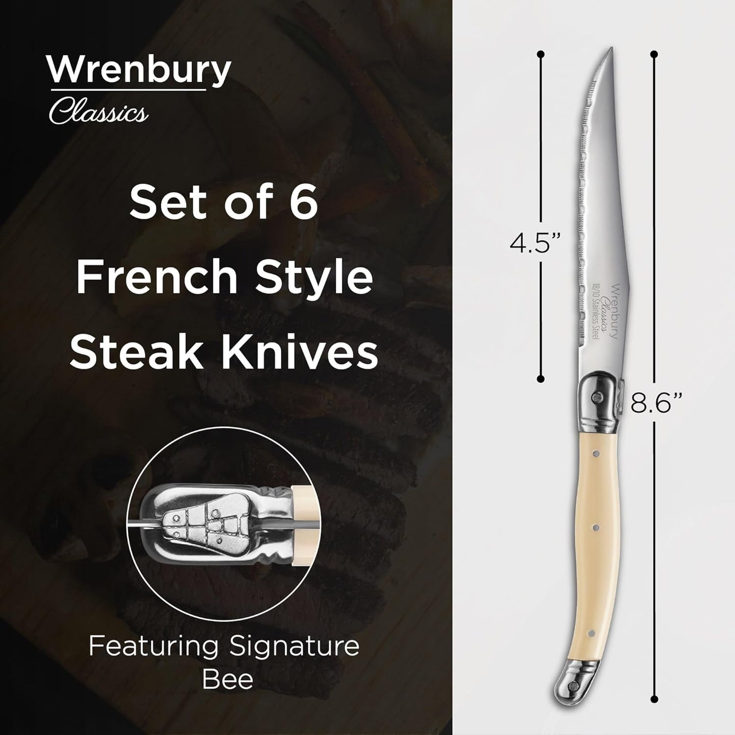 Wrenbury Laguiole Steak Knives Set of 6 Stainless Steel French Design Serrated Dinner Knife Set for Dining and Gifting - Ivory