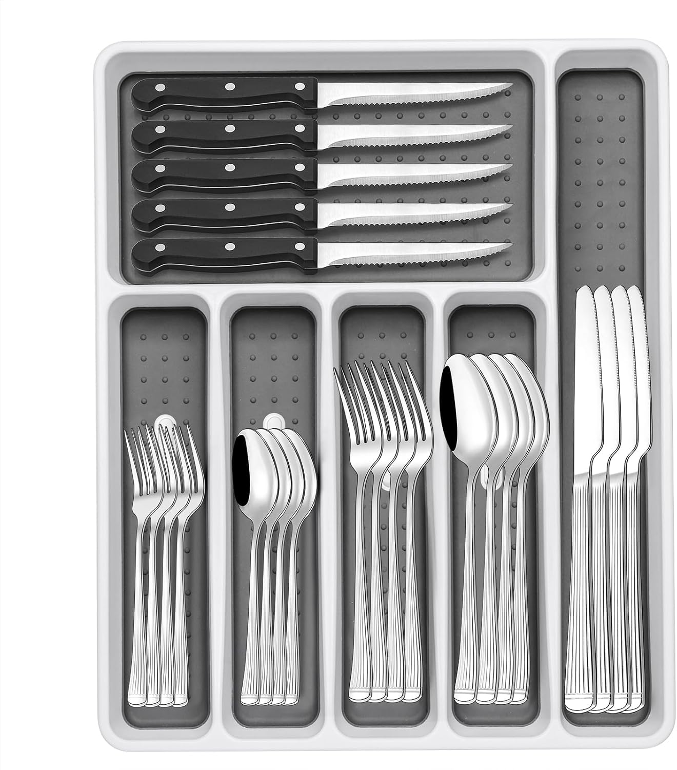 49-Piece Silverware Set with Organizer, Heavy Duty Stainless Steel Flatware Set for 8, Cutlery Utensil Sets with Steak Knives, Rust-proof, Mirror Polished, Dishwasher Safe, Heavy Duty